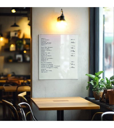 Biała satynowa szklana magnetyczna tablica restauracyjna Smatab®.